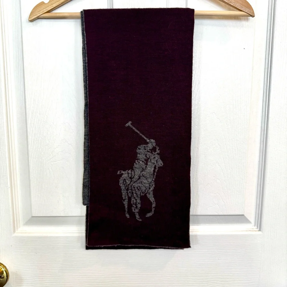 Polo Ralph Lauren Burgundy & Gray Reversible Wool Scarf Big Pony Logo 73 x 8